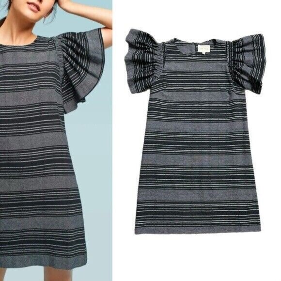 Anthropologie Moon River Denmark Striped Ruffle Sleeve Shift Dress - Picture 2 of 5